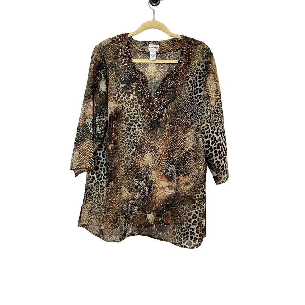 Chicos Top XL Brown Animal Print Tunic Sequin Neutral Twee Western 80s Safari